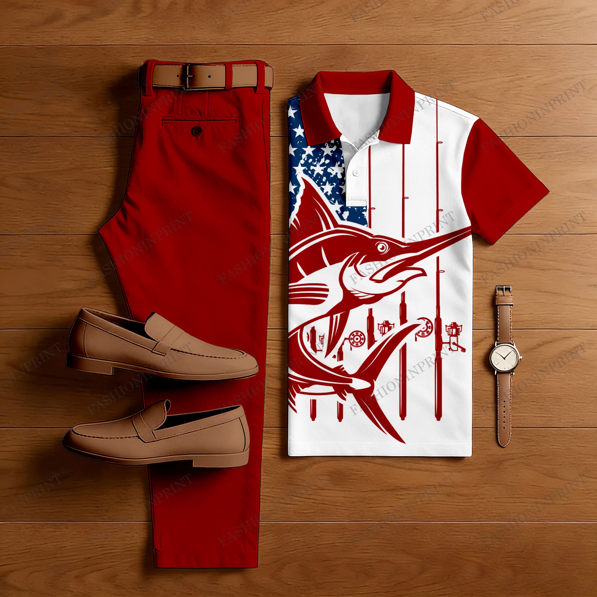 Men's 250Th Anniversary Red & White Printed Short Sleeved Polo Shirt & Trousers Two-Piece Set