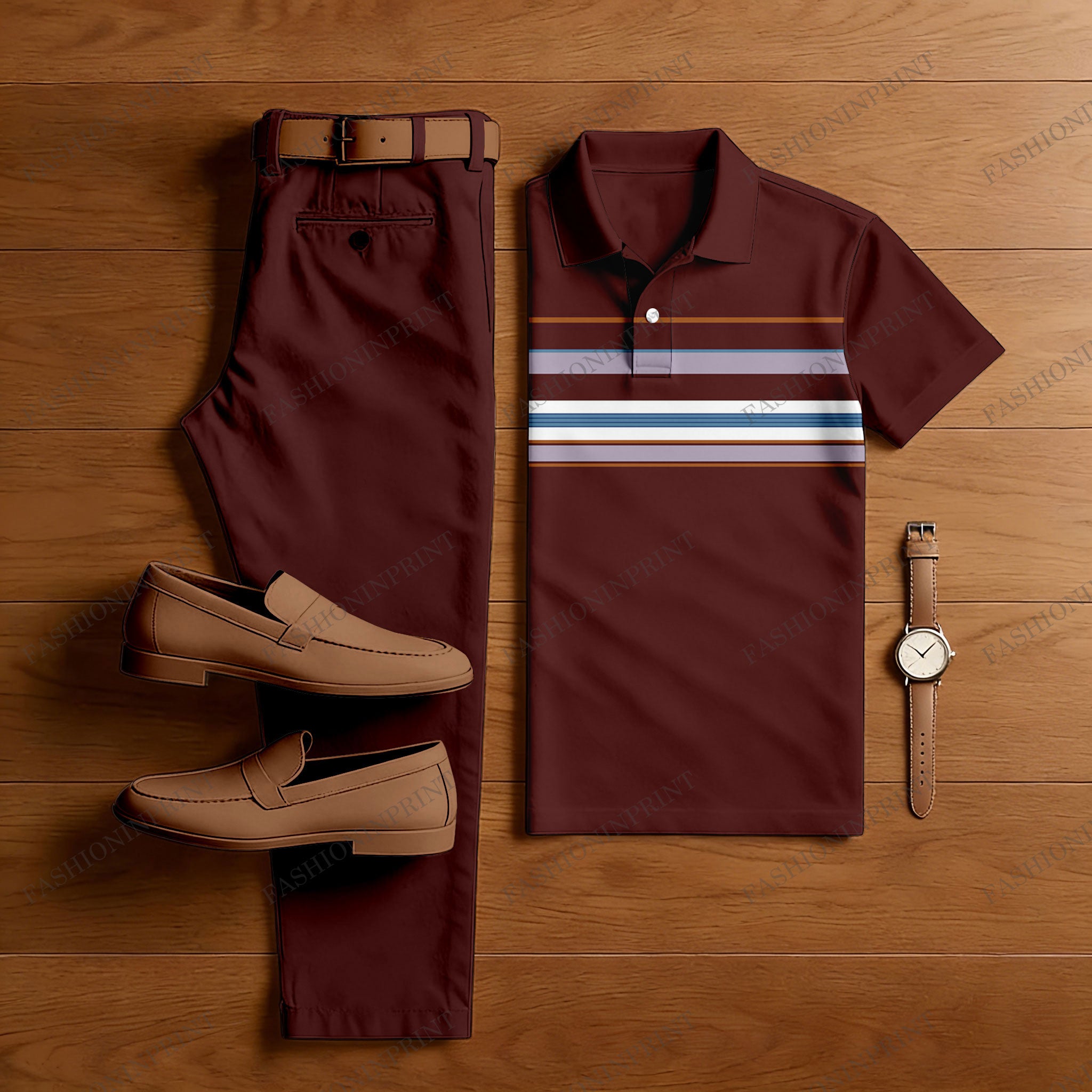 Men's Casual Maroon Color Matching Striped Printed Short Sleeved Polo Shirt & Trousers Two-Piece Set