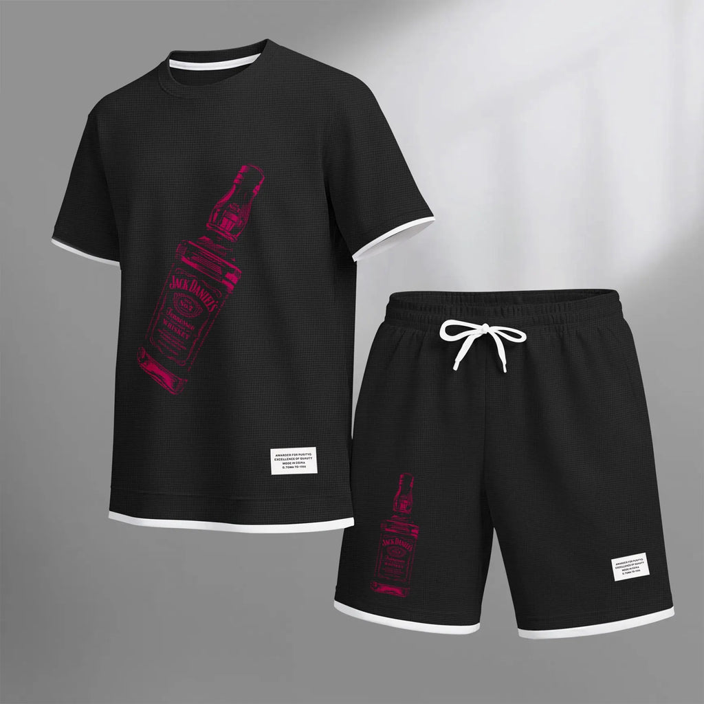 Men's Beer And Beverage Printed Drawstring Shorts Set, Suitable For Spring And Summer Wear, Casual Summer Set, Including Short-Sleeved Shirt And Shorts, Suitable For Everyday Wear And Sports 07