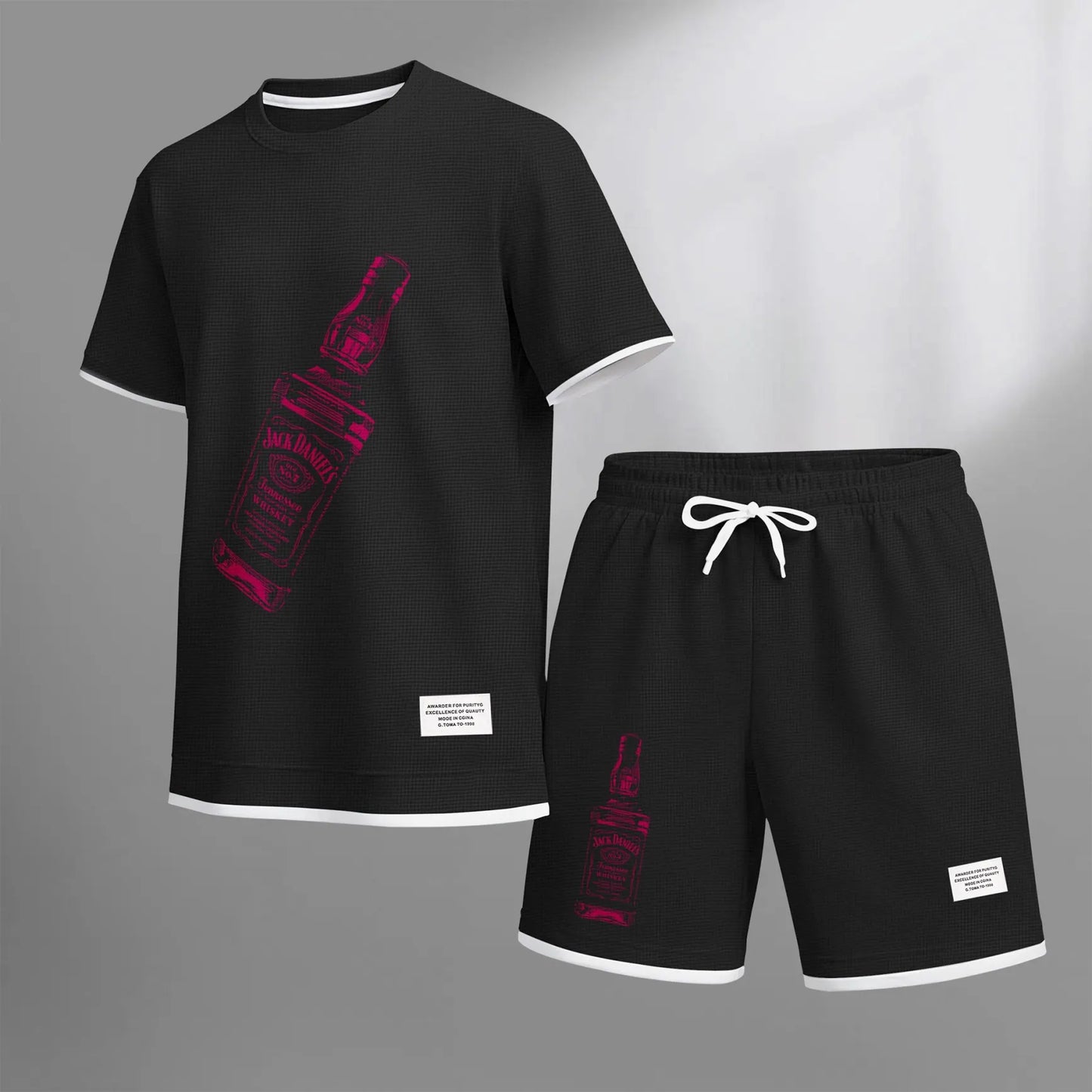 Men's Beer And Beverage Printed Drawstring Shorts Set, Suitable For Spring And Summer Wear, Casual Summer Set, Including Short-Sleeved Shirt And Shorts, Suitable For Everyday Wear And Sports 07