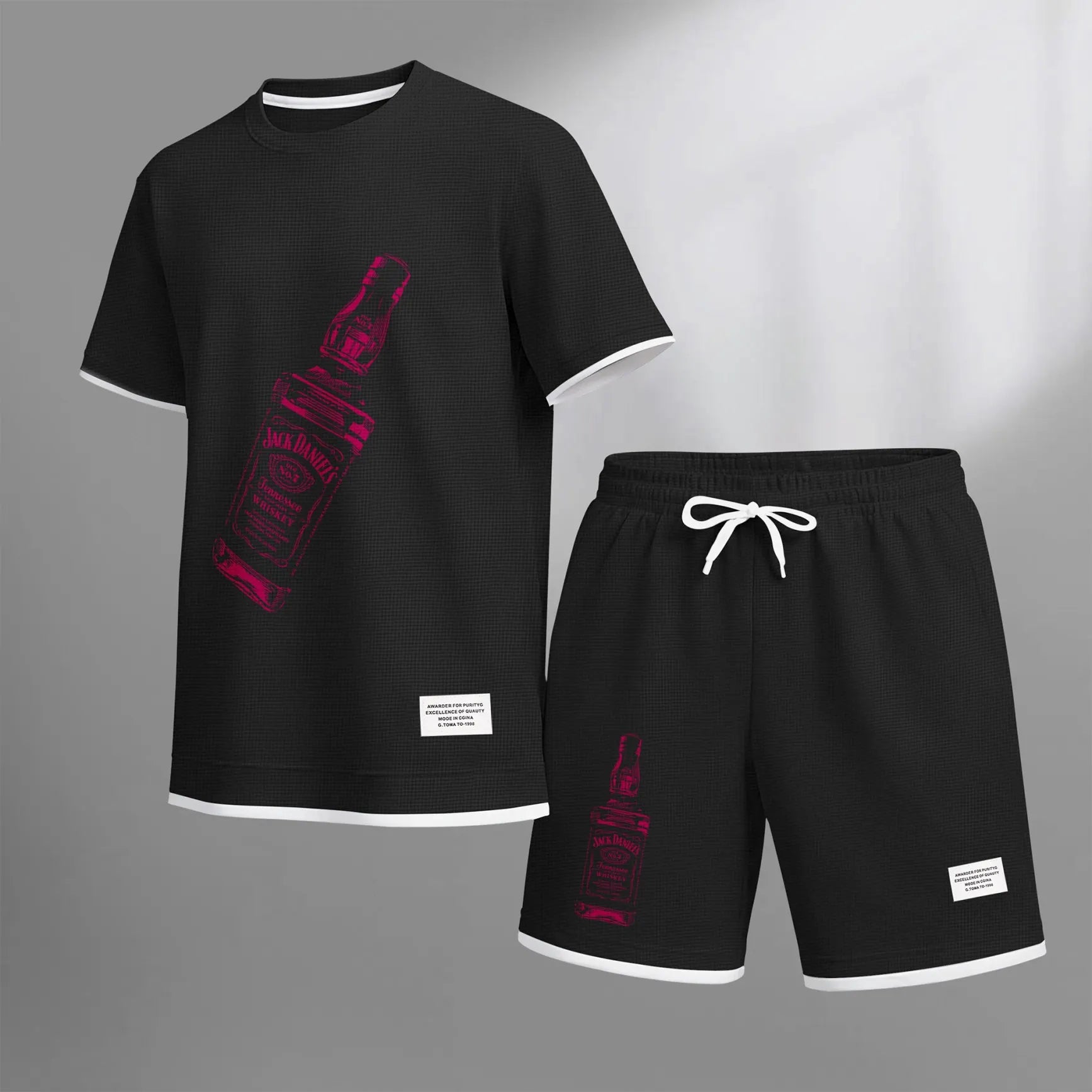 Men's Beer And Beverage Printed Drawstring Shorts Set, Suitable For Spring And Summer Wear, Casual Summer Set, Including Short-Sleeved Shirt And Shorts, Suitable For Everyday Wear And Sports 07