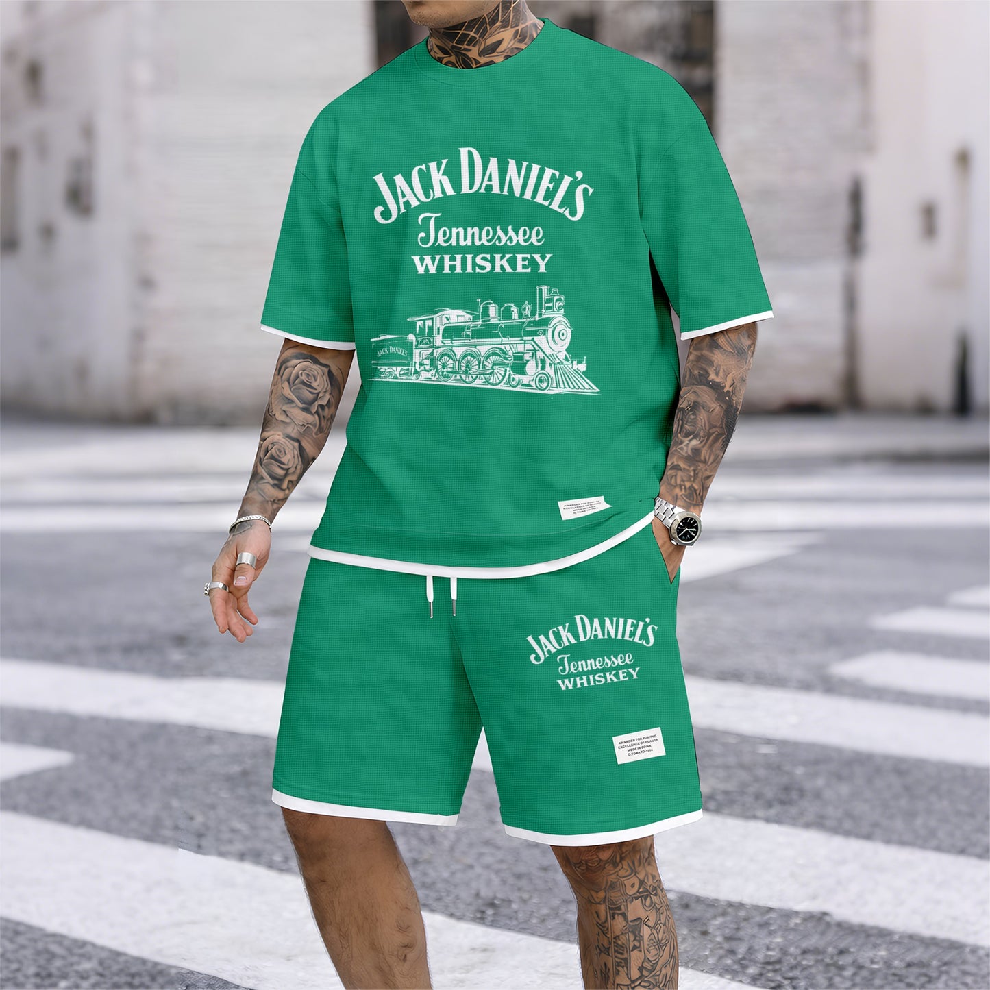 Men's Beer Print Drawstring Shorts Set, Suitable For Spring And Summer Wear, Casual Summer Set, Including Short-Sleeved Shirt And Shorts, Suitable For Everyday Wear And Sports.