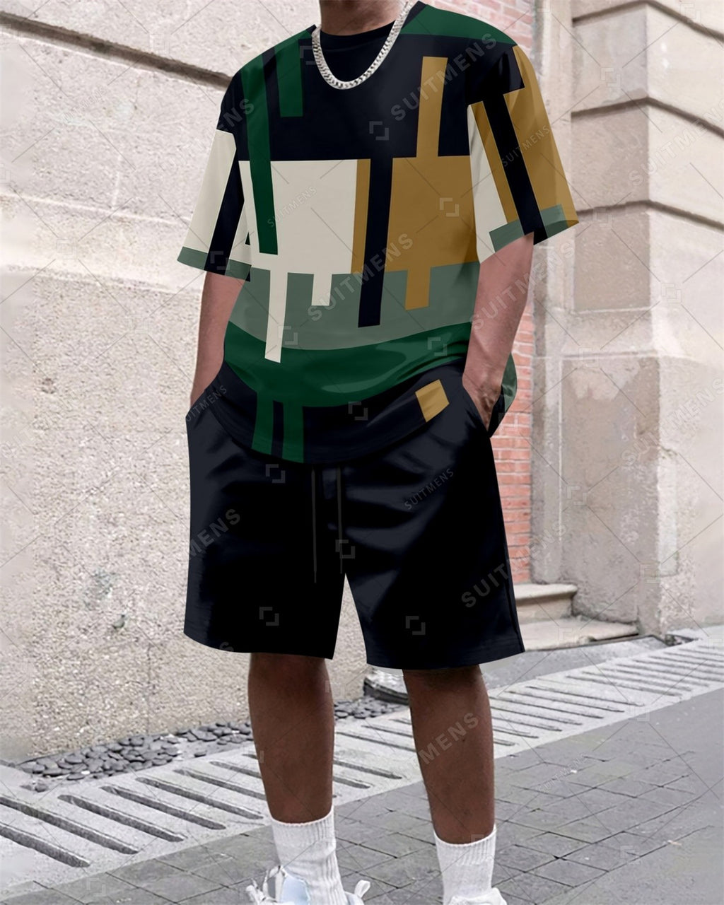 Men's Summer Colorblock Printed Round Neck Set 630