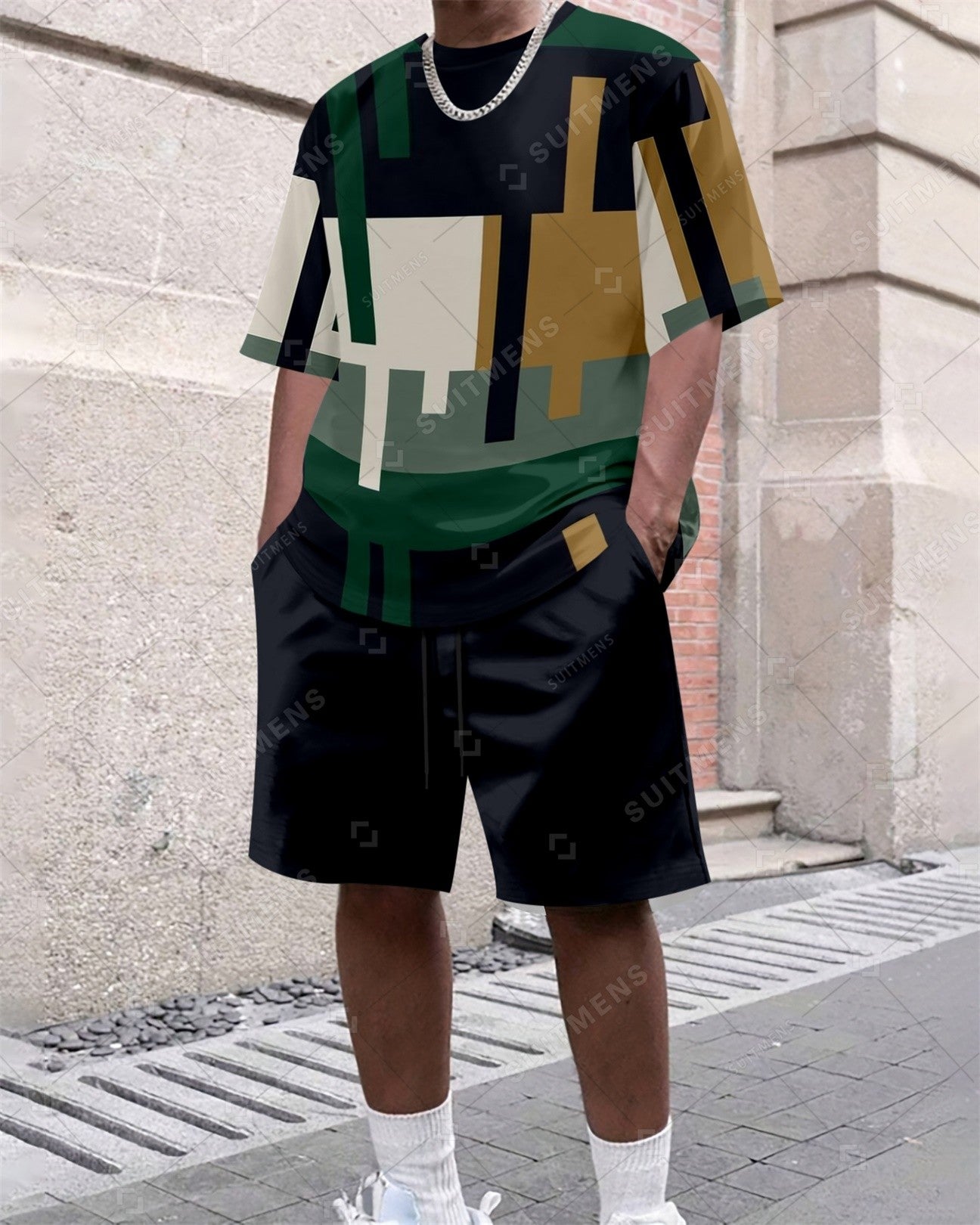 Men's Summer Colorblock Printed Round Neck Set 630
