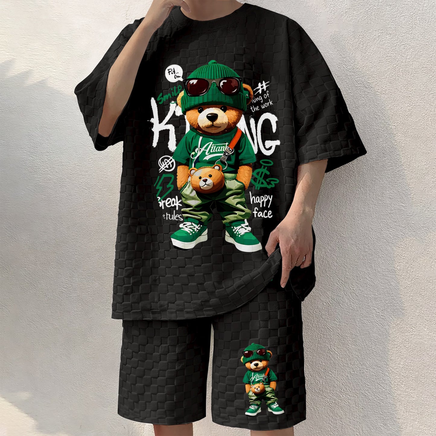Men's Bear Graphic Print Spring And Summer Drawstring Shorts Set, A Casual Summer Outfit, Including A Short-Sleeved Shirt And Shorts, Suitable For Everyday Wear And Sports Activities.