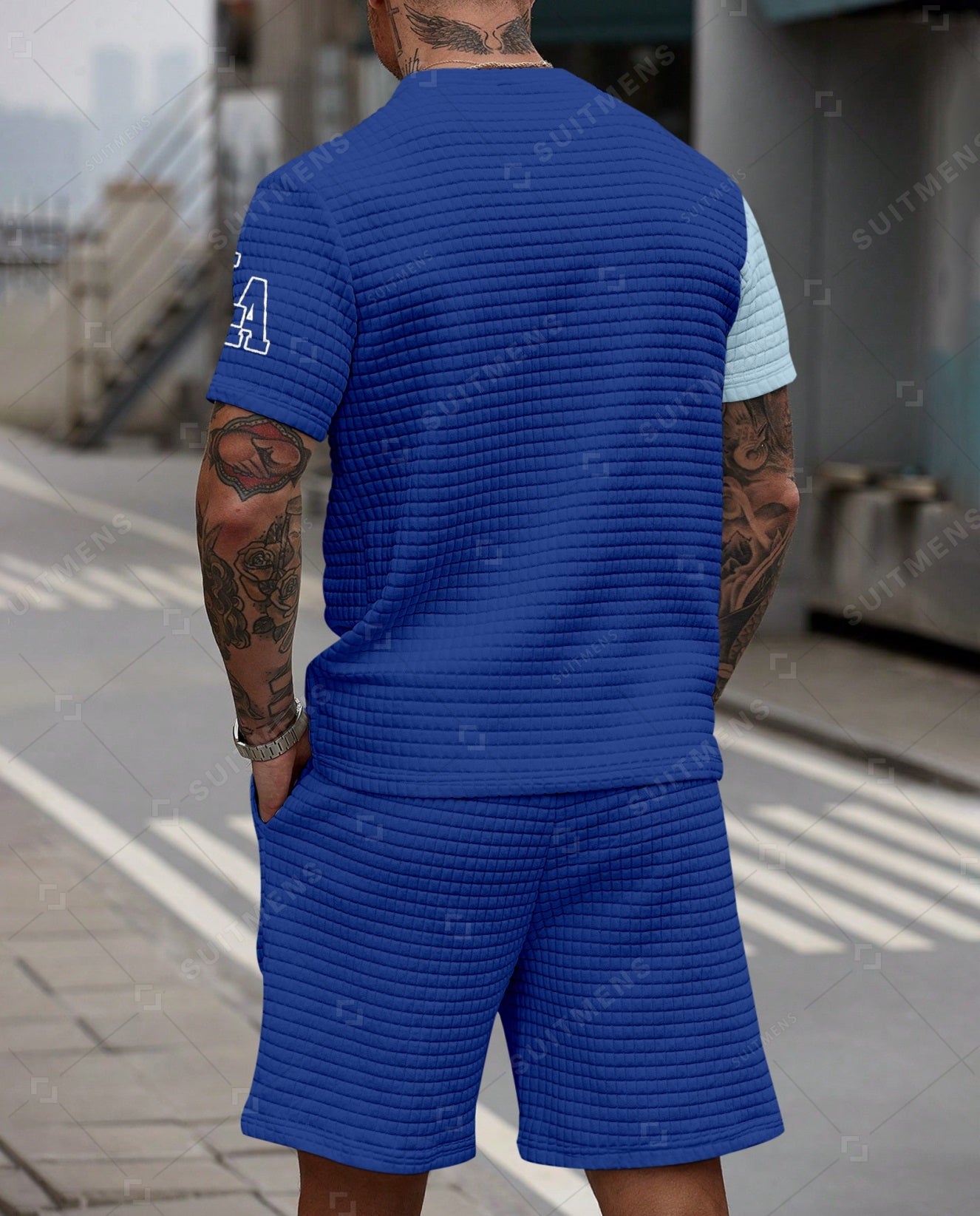 Men's Casual Waffle Textured Summer Round Neck Short Sleeve Shorts Set 009
