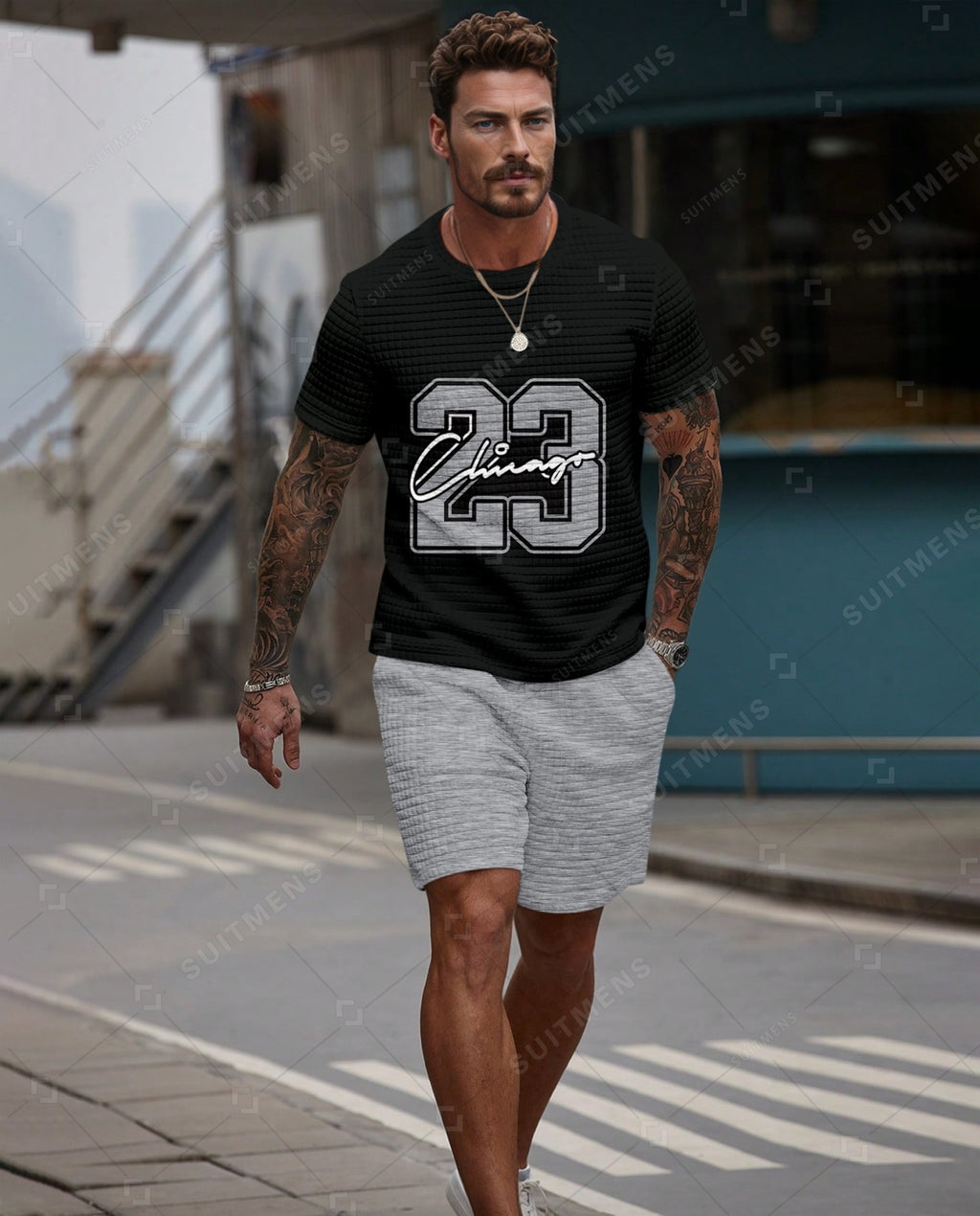 Men's Casual Waffle Textured Summer Round Neck Short Sleeve Shorts Set 003