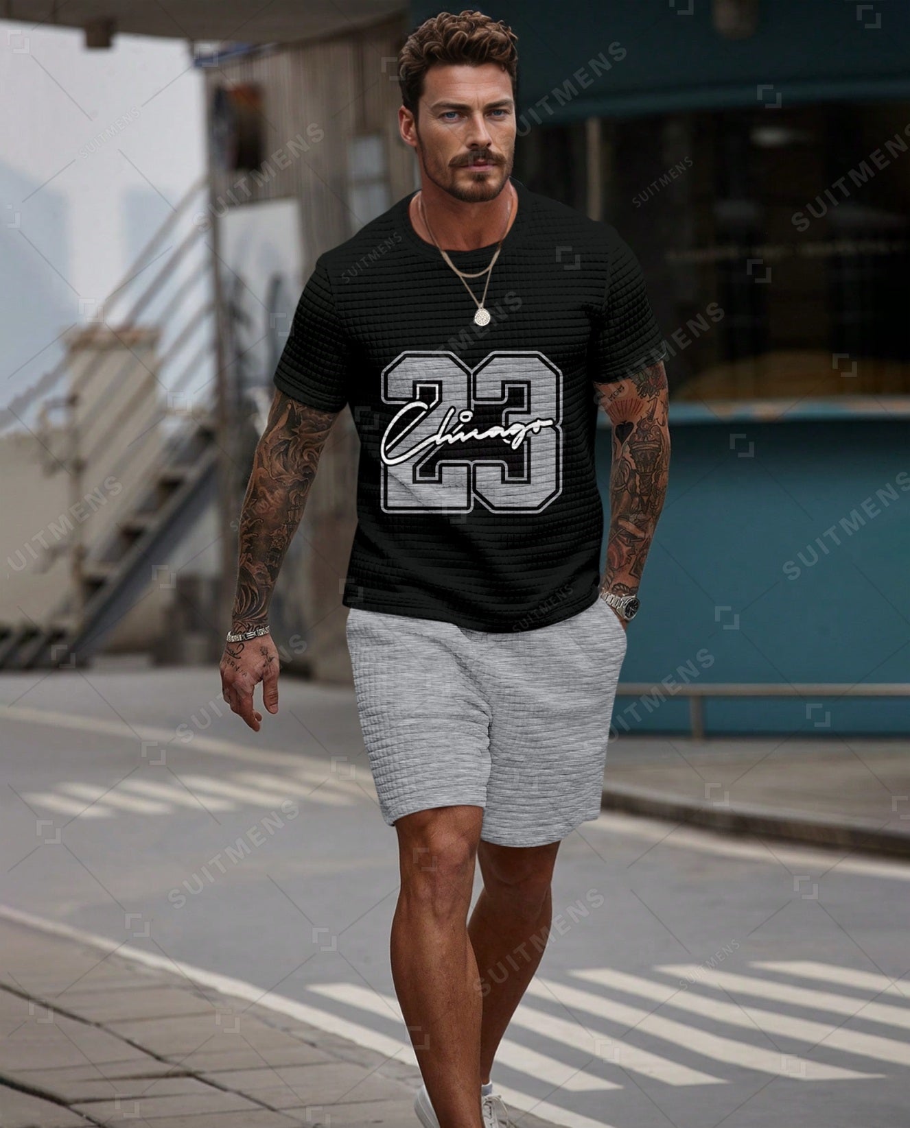 Men's Casual Waffle Textured Summer Round Neck Short Sleeve Shorts Set 003