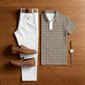 Men's Casual Brown & White Color Matching Retro Style Checkered Printed Short Sleeved Polo Shirt & Trousers Two-Piece Set
