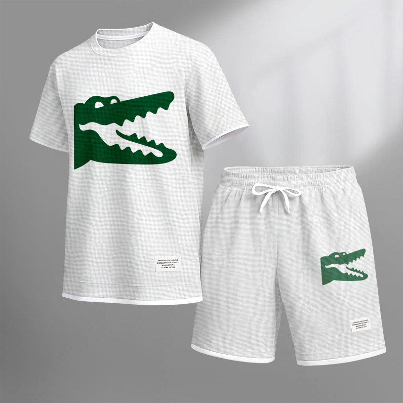 Men's Casual Style Crocodile Print Waffle Fabric Short-Sleeved Shirt And Shorts Set