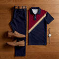 Men's Casual Navu Blue & Dark Red Color Matching Geometric Printed Short Sleeved Polo Shirt & Trousers Two-Piece Set