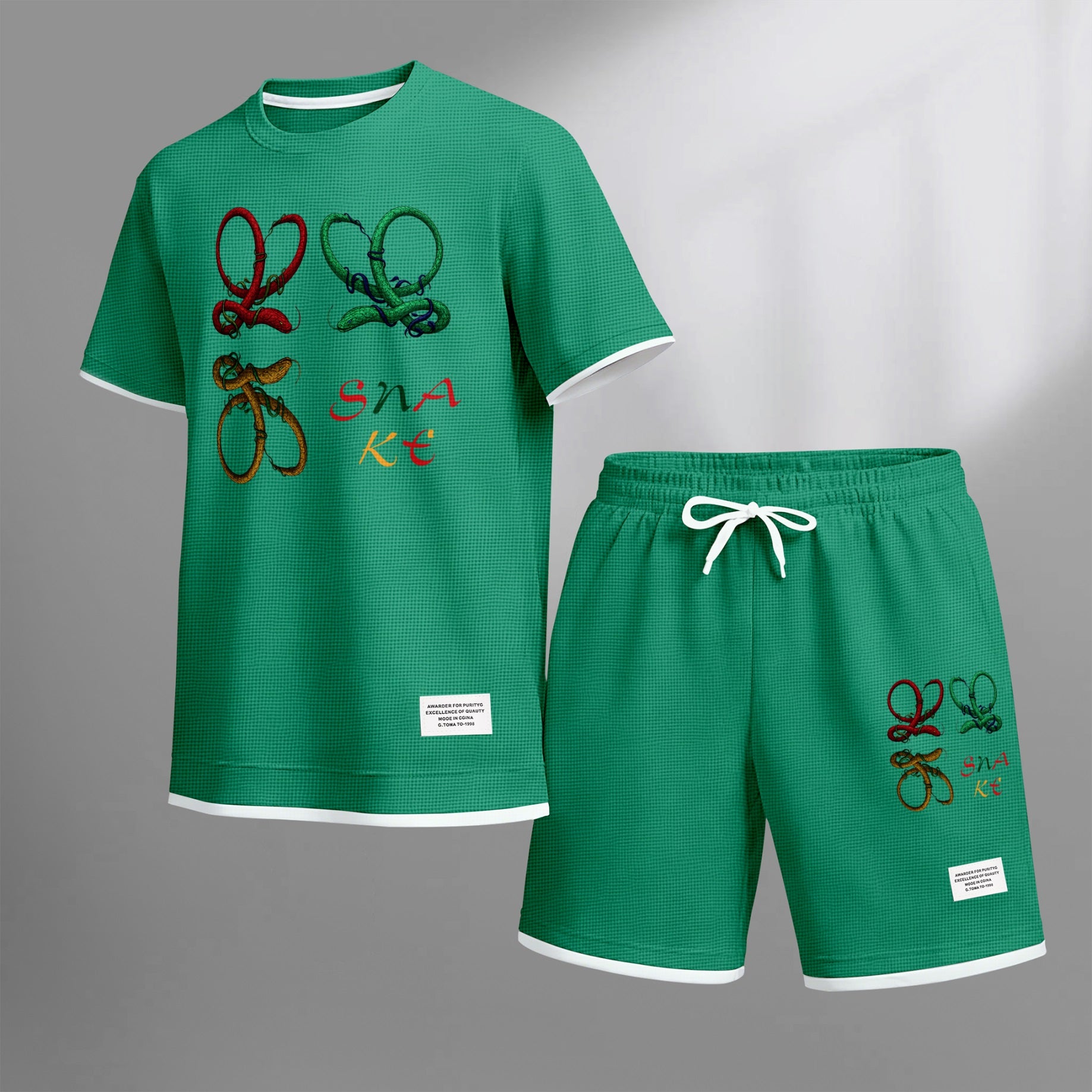 Men's Colorful Snake Shaped Letter Graphic Print Waffle Short Sleeve T-Shirt & Shorts Set, Summer Lightweight Casual Sporty Two-Piece Outfit, Streetwear for Gym & Daily Wear