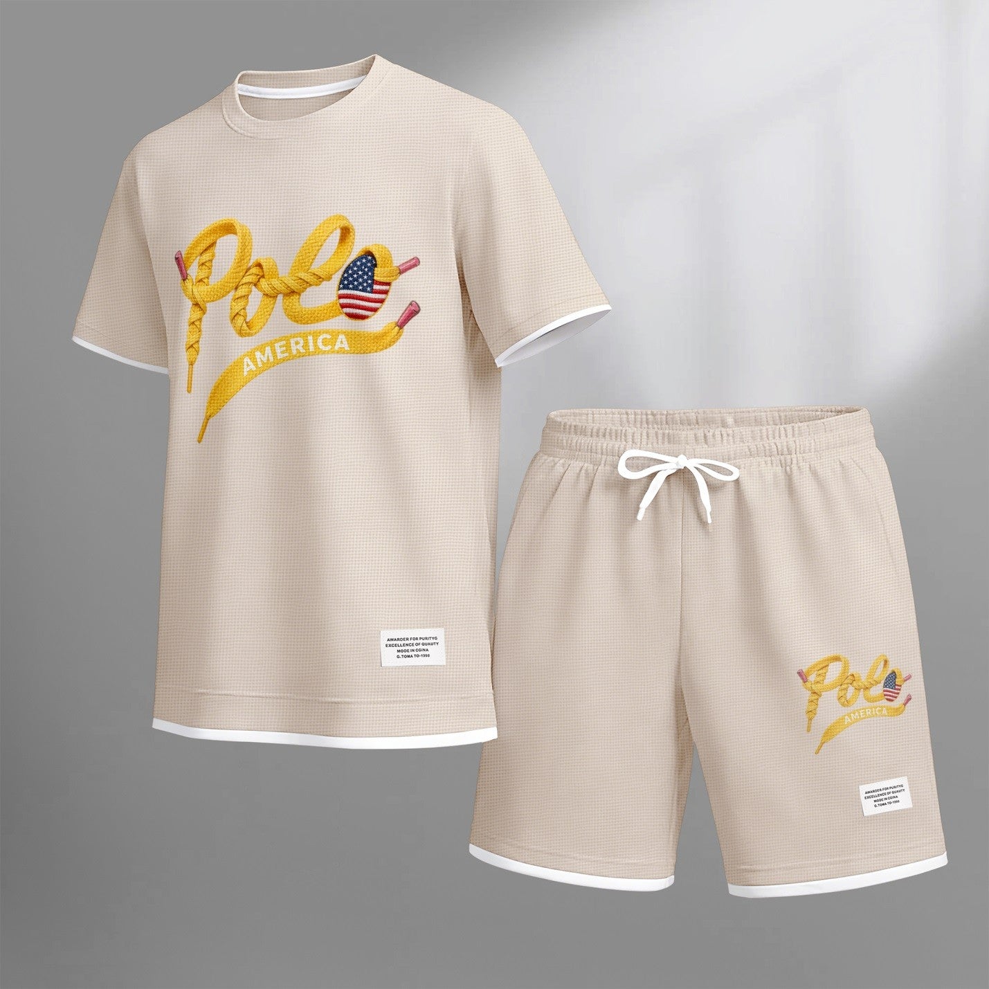 Men's Polo print drawstring shorts set for spring/summer, a casual summer outfit including a short-sleeved shirt and shorts, suitable for everyday wear and sports. A two-piece set for a relaxed and energetic lifestyle.