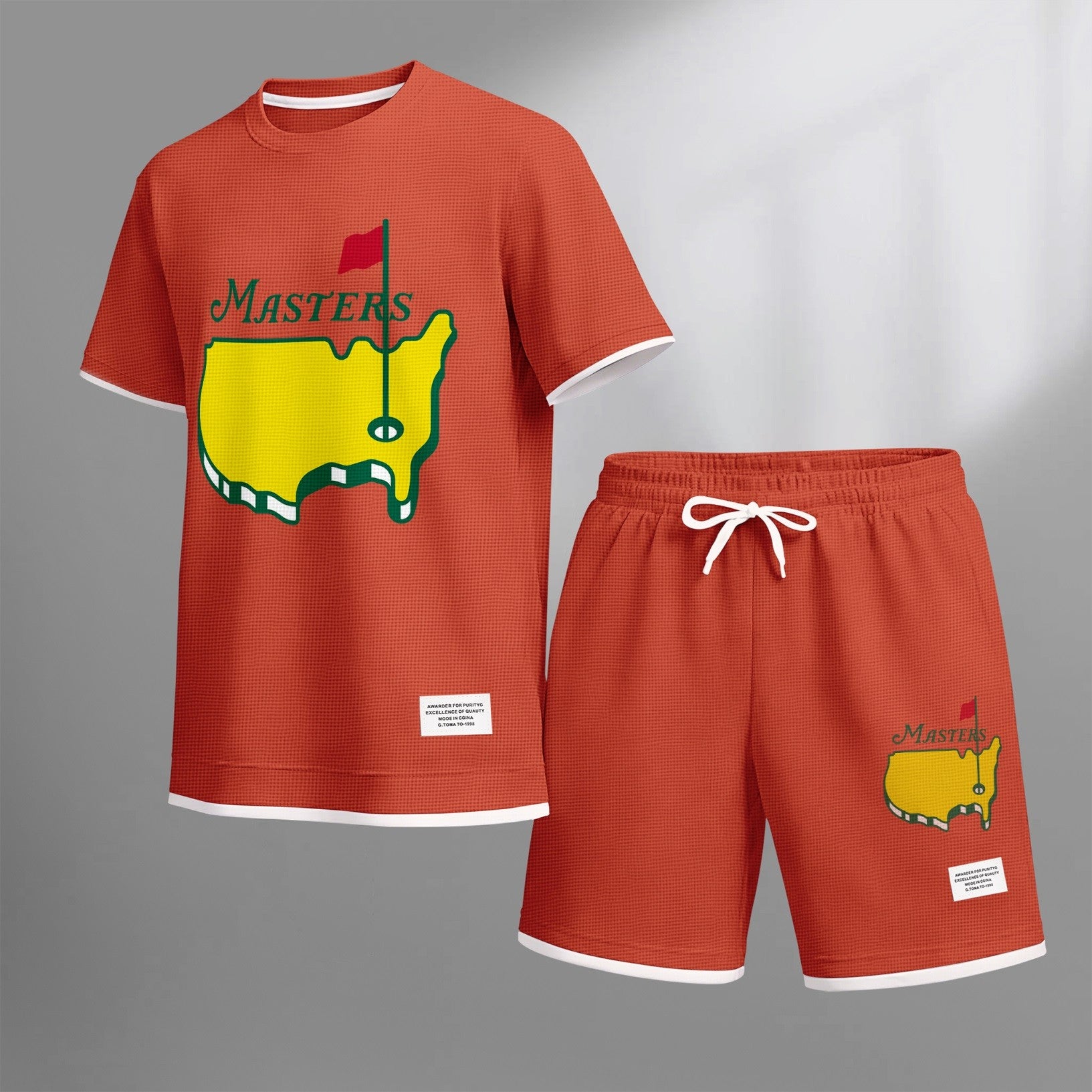 Men's Classic Golf Club print drawstring shorts set for spring/summer, a casual summer outfit including a short-sleeved shirt and shorts, suitable for everyday wear and sports. A two-piece set for a relaxed and energetic lifestyle.
