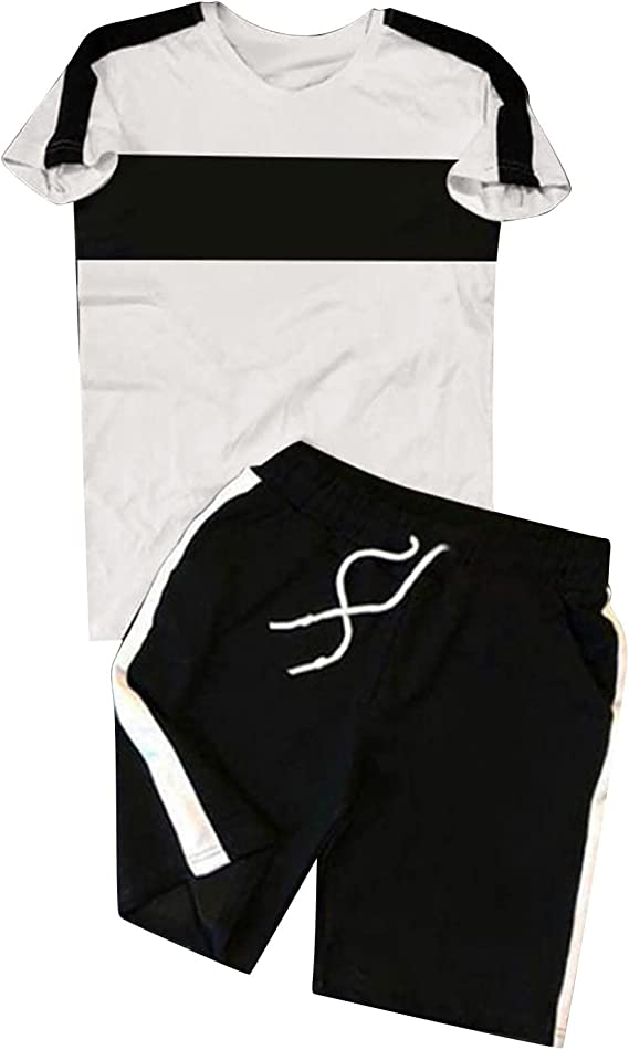 Suitmens Men's Simple Colorblock Print Shorts Set 077