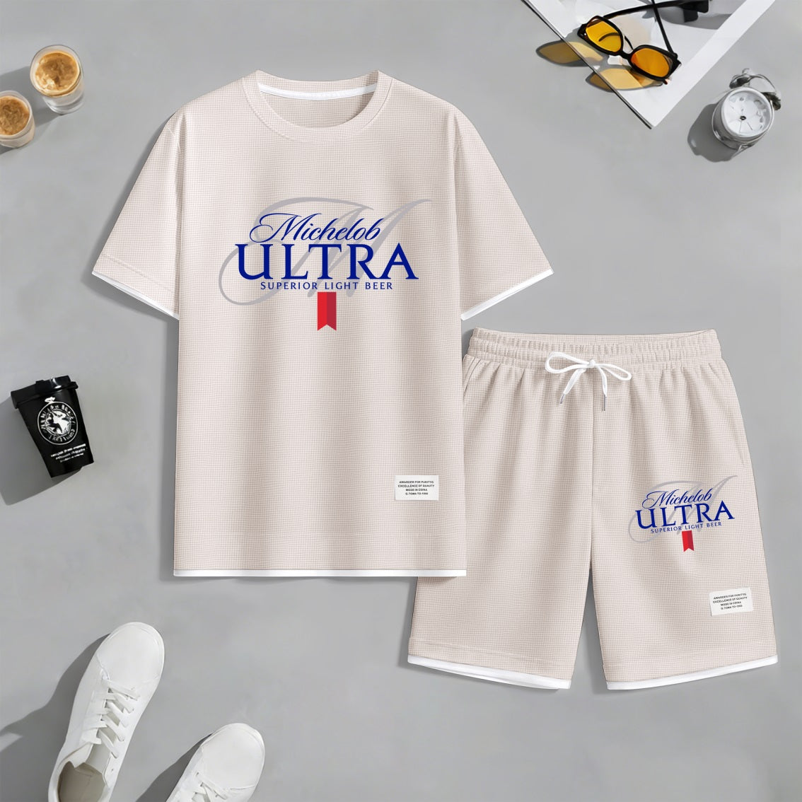 Men's Fitness Beer Print Waffle Fabric Short-Sleeved Shirt And Shorts Set
