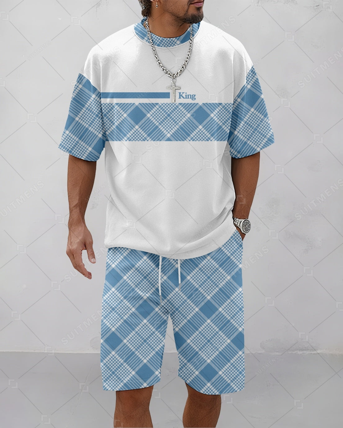 Men's Summer Colorblock Printed Round Neck Suit 077