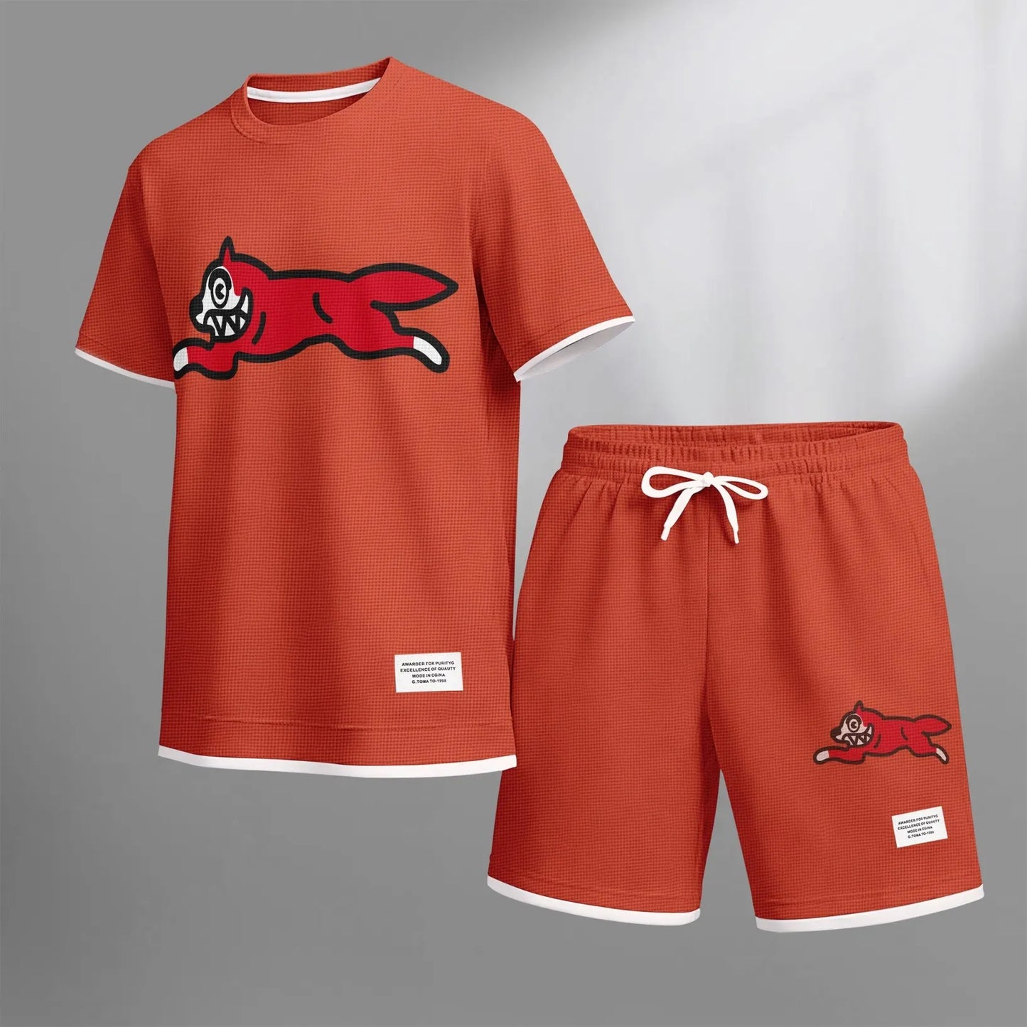 Men's Running Dog print drawstring shorts set for spring/summer, a casual summer outfit including a short-sleeved shirt and shorts, suitable for everyday wear and sports. A two-piece set for a relaxed and energetic lifestyle.