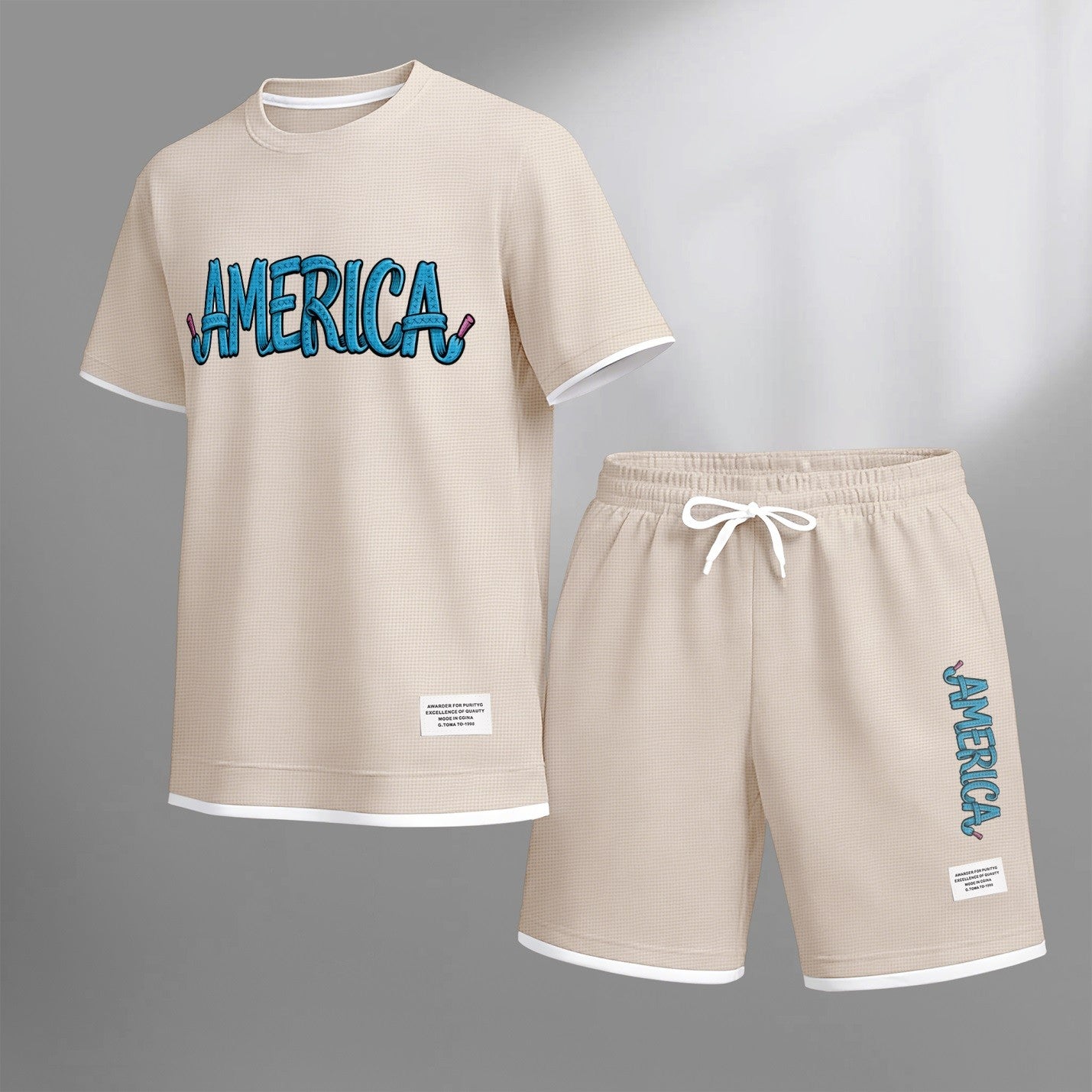 Men's American print drawstring shorts set for spring/summer, a casual summer outfit including a short-sleeved shirt and shorts, suitable for everyday wear and sports. A two-piece set for a relaxed and energetic lifestyle.