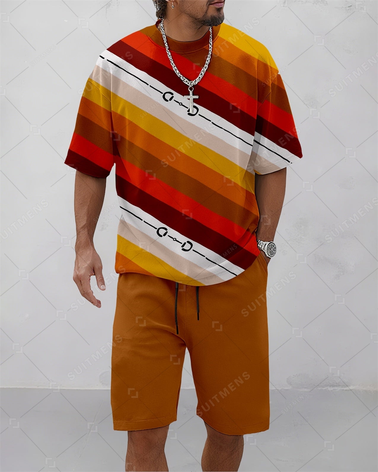 Men's Summer Colorblock Printed Round Neck Suit 088