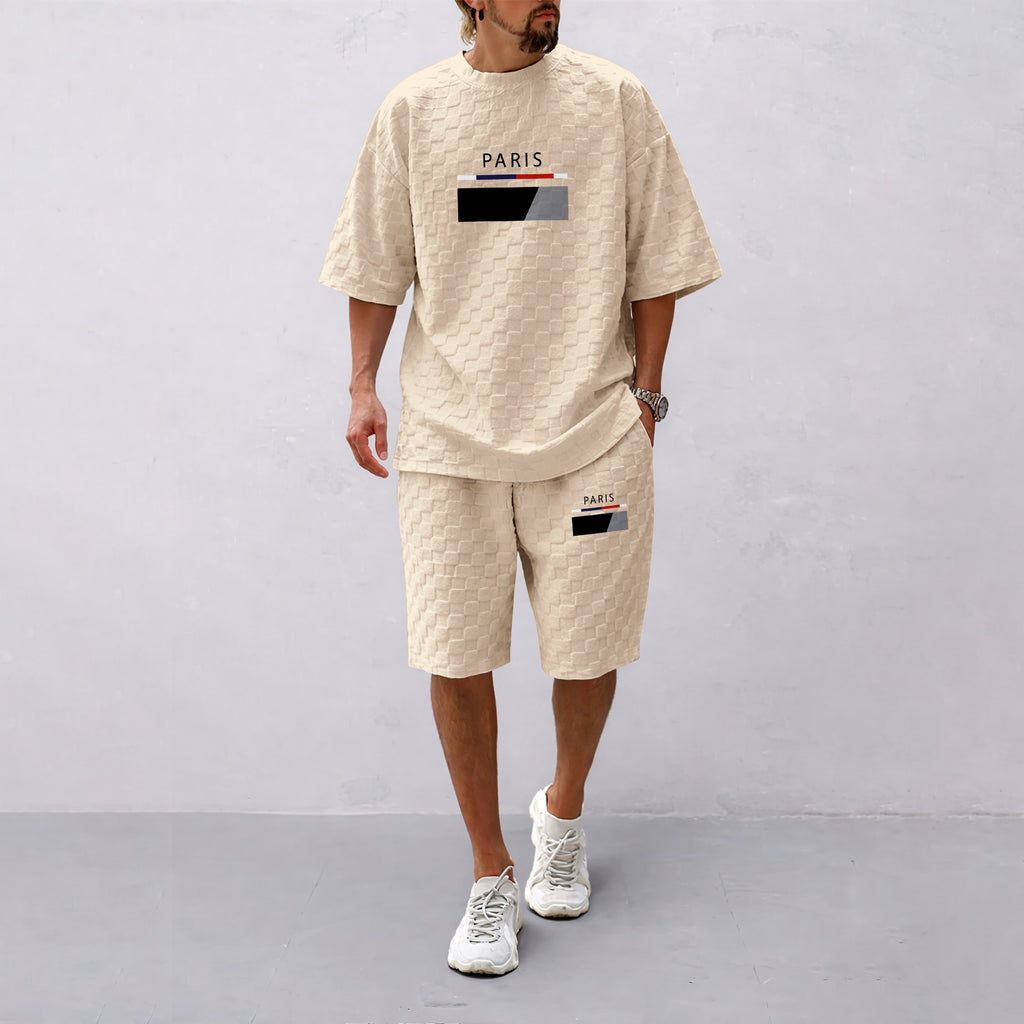 Men's Spring and Summer Paris Letter Print Checkered Fabric Drawstring Shorts Set, Casual Summer Outfit with Short-Sleeved Shirt and Shorts, Ideal for Everyday Wear and Sports Activities