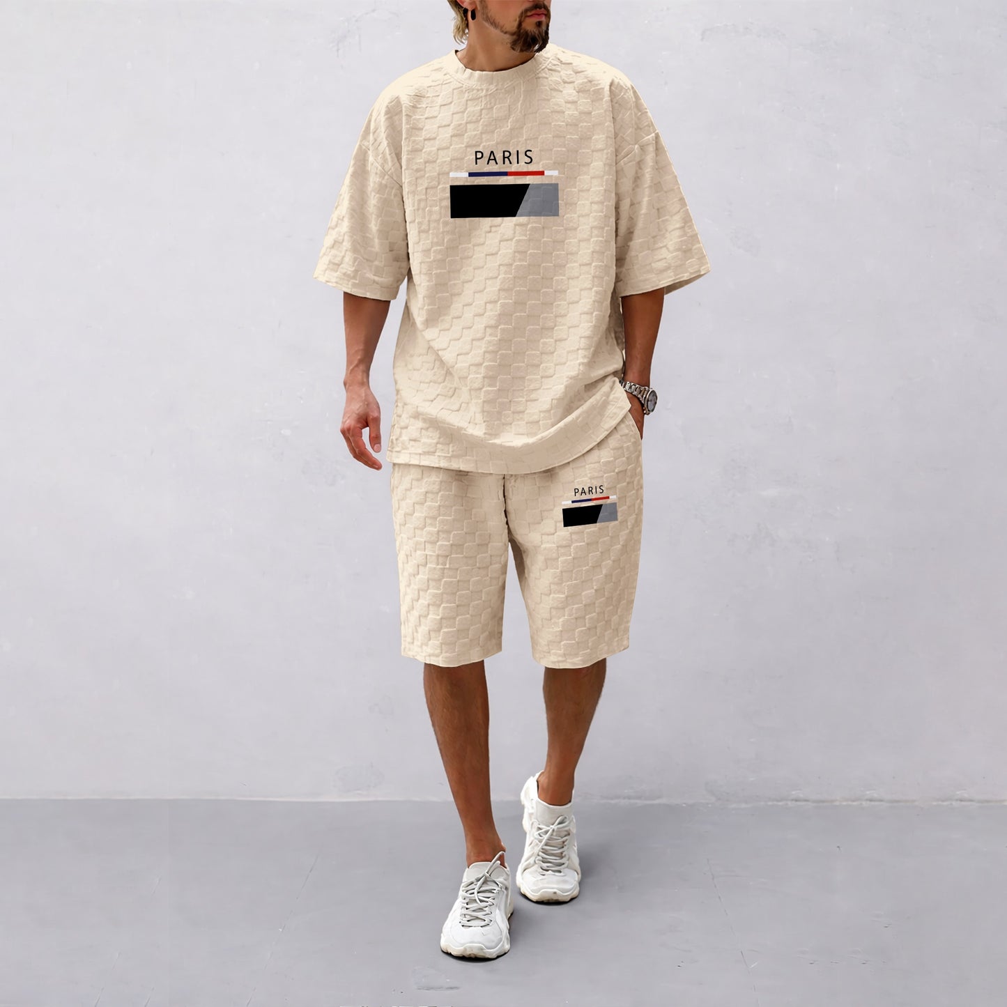 Men's Spring and Summer Paris Letter Print Checkered Fabric Drawstring Shorts Set, Casual Summer Outfit with Short-Sleeved Shirt and Shorts, Ideal for Everyday Wear and Sports Activities