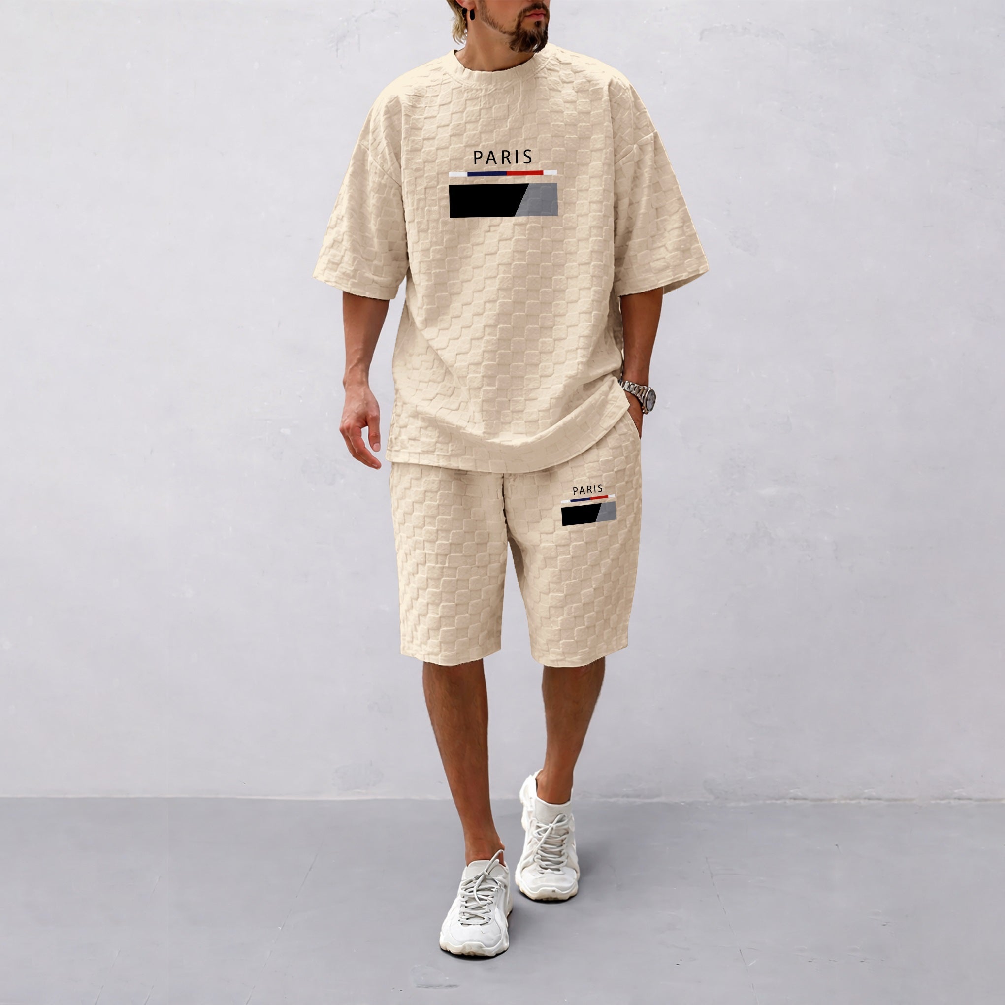 Men's Spring and Summer Paris Letter Print Checkered Fabric Drawstring Shorts Set, Casual Summer Outfit with Short-Sleeved Shirt and Shorts, Ideal for Everyday Wear and Sports Activities