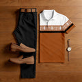 Men's Casual Black & Orange Brown Color Matching Retro Style Printed Short Sleeved Polo Shirt & Trousers Two-Piece Set