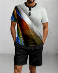 Men's Summer Colorblock Printed Round Neck Suit 087