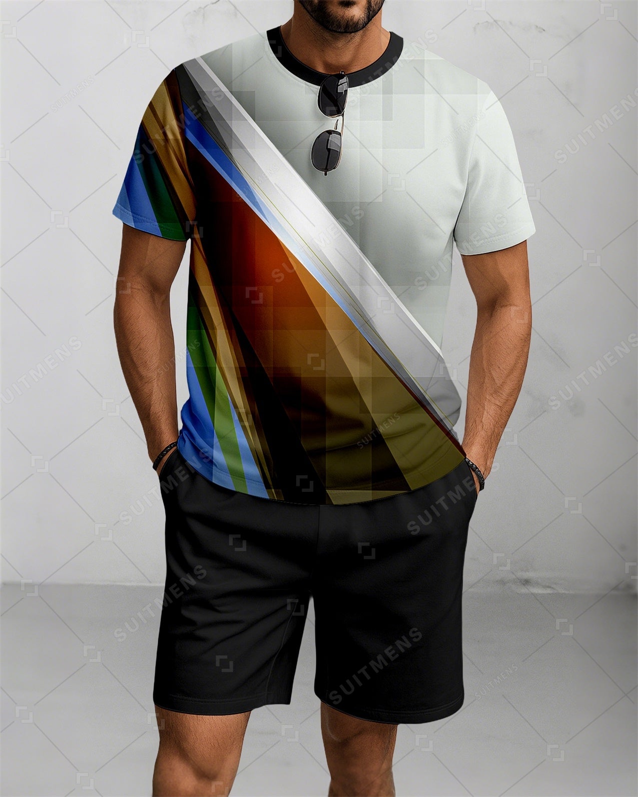 Men's Summer Colorblock Printed Round Neck Suit 087