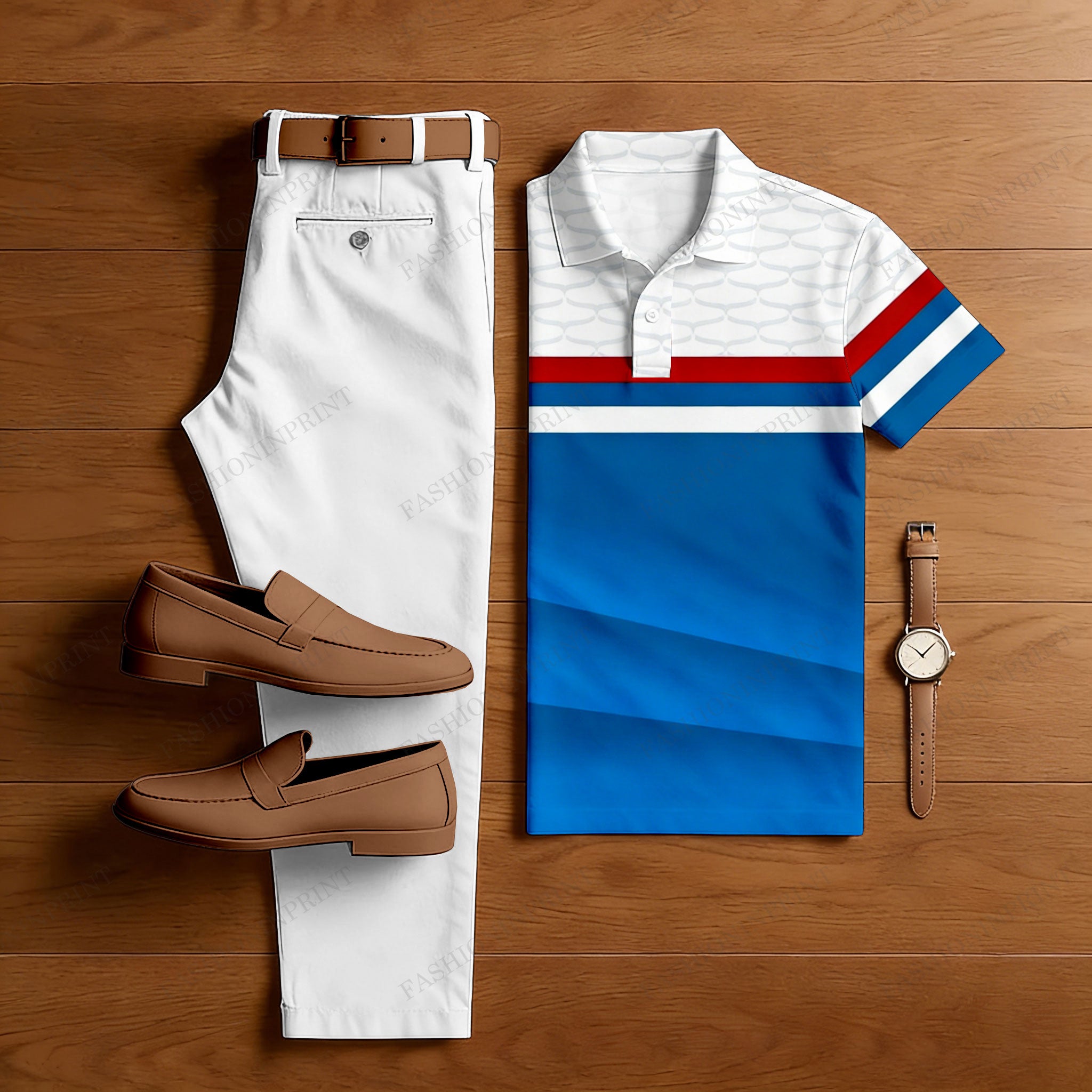 Men's Casual Royal Blue & White Geometric Printed Polo Shirt And Trousers Two-Piece Set