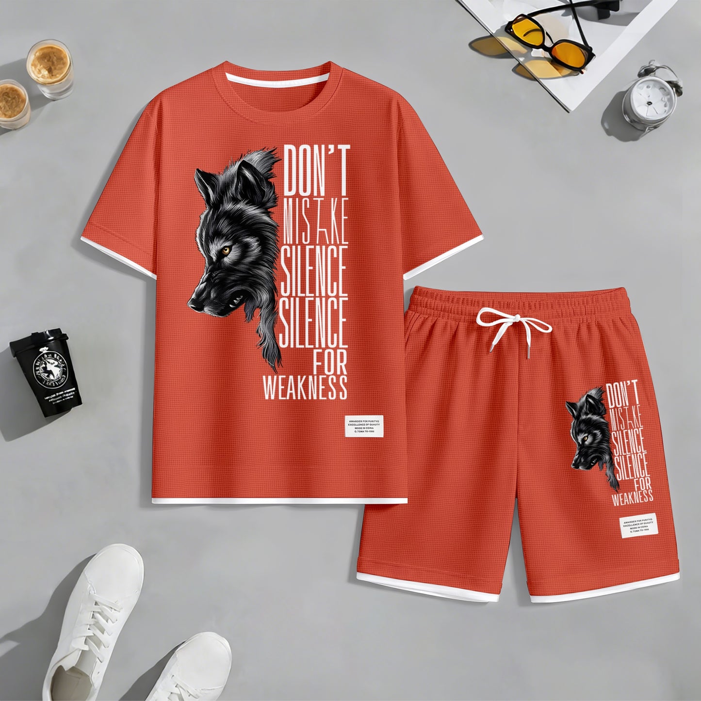 Men's Howling Wolf & "Don't Mistake Silence For Weakness" Quote Graphic Print Waffle Short Sleeve T-Shirt & Shorts Set, Summer Lightweight Casual Sporty Two-Piece Outfit