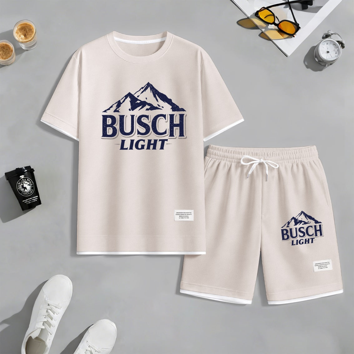 Men's Retro Mountain Beer Print Waffle Fabric Short-Sleeved Shirt And Shorts Set