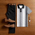 Men's Casual Black Gray White Color Matching Striped Printed Short Sleeved Polo Shirt & Trousers Two-Piece Set