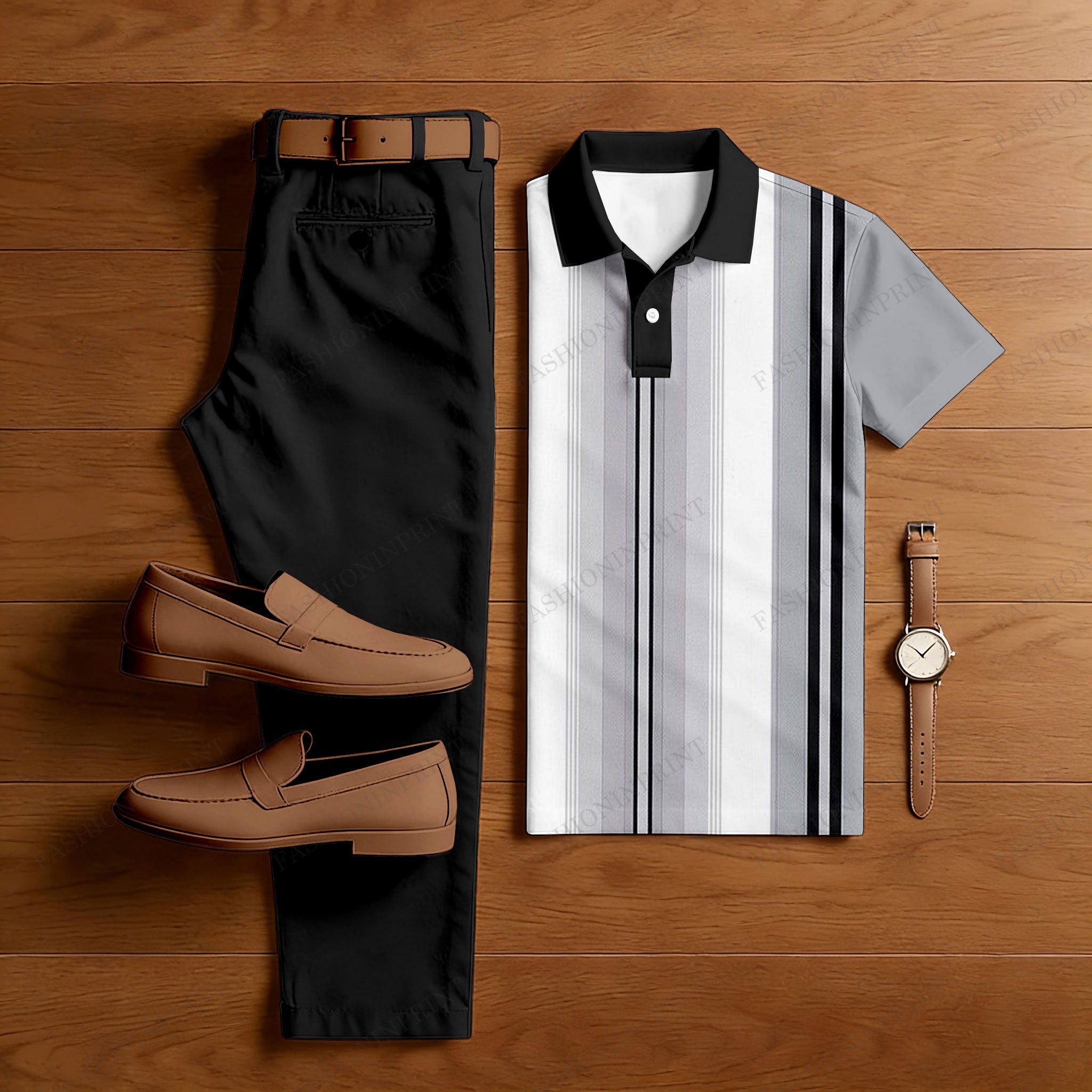 Men's Casual Black Gray White Color Matching Striped Printed Short Sleeved Polo Shirt & Trousers Two-Piece Set