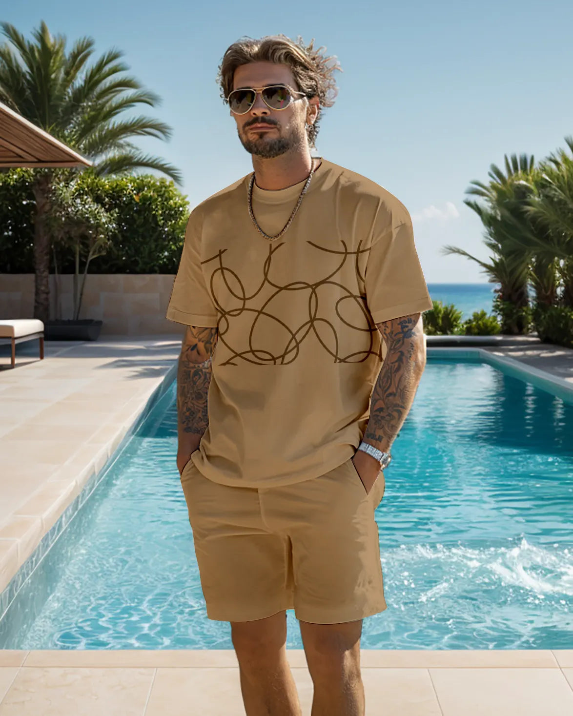 Men's color block printed shorts set 473