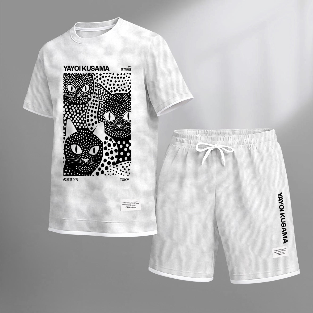 Men's Polka-Dot Black Cat Print Waffle Fabric Short-Sleeved Shirt And Shorts Set