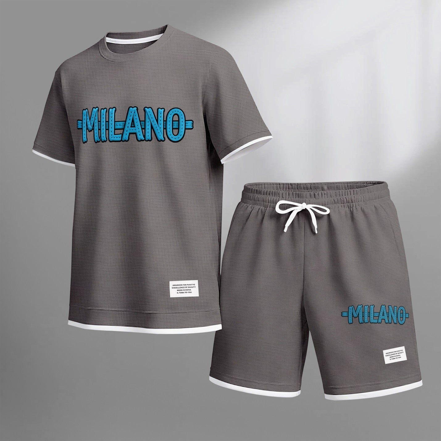 Men's MILANO print drawstring shorts set for spring/summer, a casual summer outfit including a short-sleeved shirt and shorts, suitable for everyday wear and sports. A two-piece set for a relaxed and energetic lifestyle.