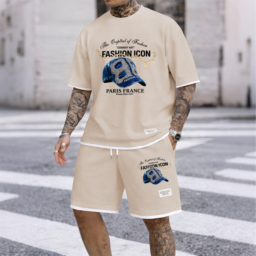 Men's Retro Cool Letter Print Short Sleeve T-Shirt & Shorts Set, Summer Lightweight Waffle Sporty Casual Two-Piece Outfit, Streetwear for Gym & Daily Wear