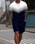 Men's Casual Waffle Textured Summer Round Neck Short Sleeve Shorts Set 0018