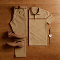 Men's Casual Tan Striped Printed Short Sleeved Polo Shirt & Trousers Two-Piece Set