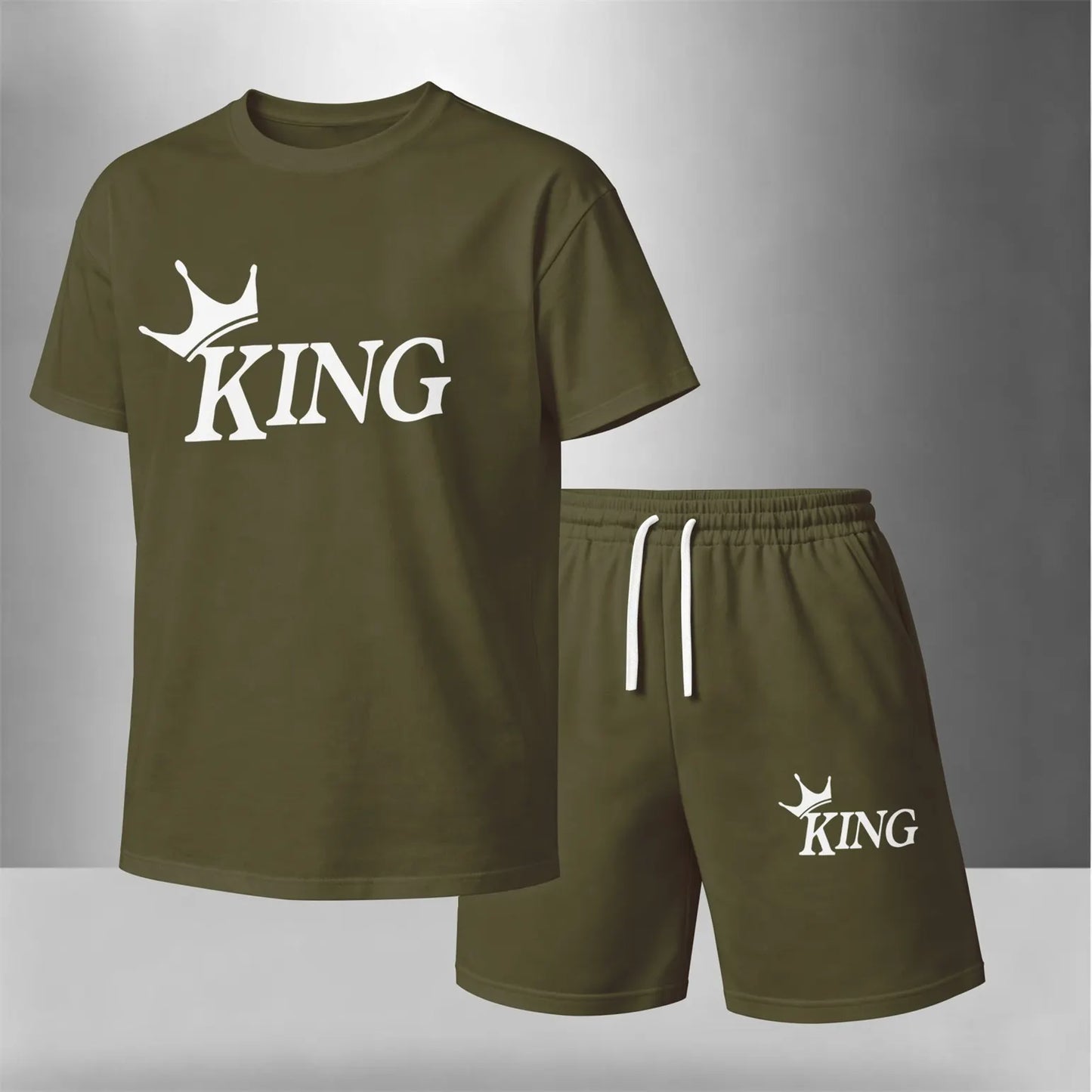 Men’s Summer 2 Piece Set, KING Crown Print Short Sleeve T Shirt and Drawstring Shorts Matching Outfit, Lightweight Breathable Casual Set for Beach, Vacation, Gym, Travel, Running, and Daily Wear