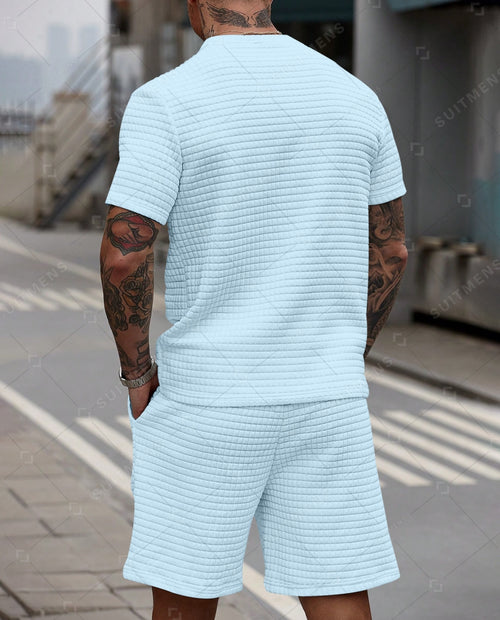 Men's Casual Waffle Textured Summer Round Neck Short Sleeve Shorts Set 0020