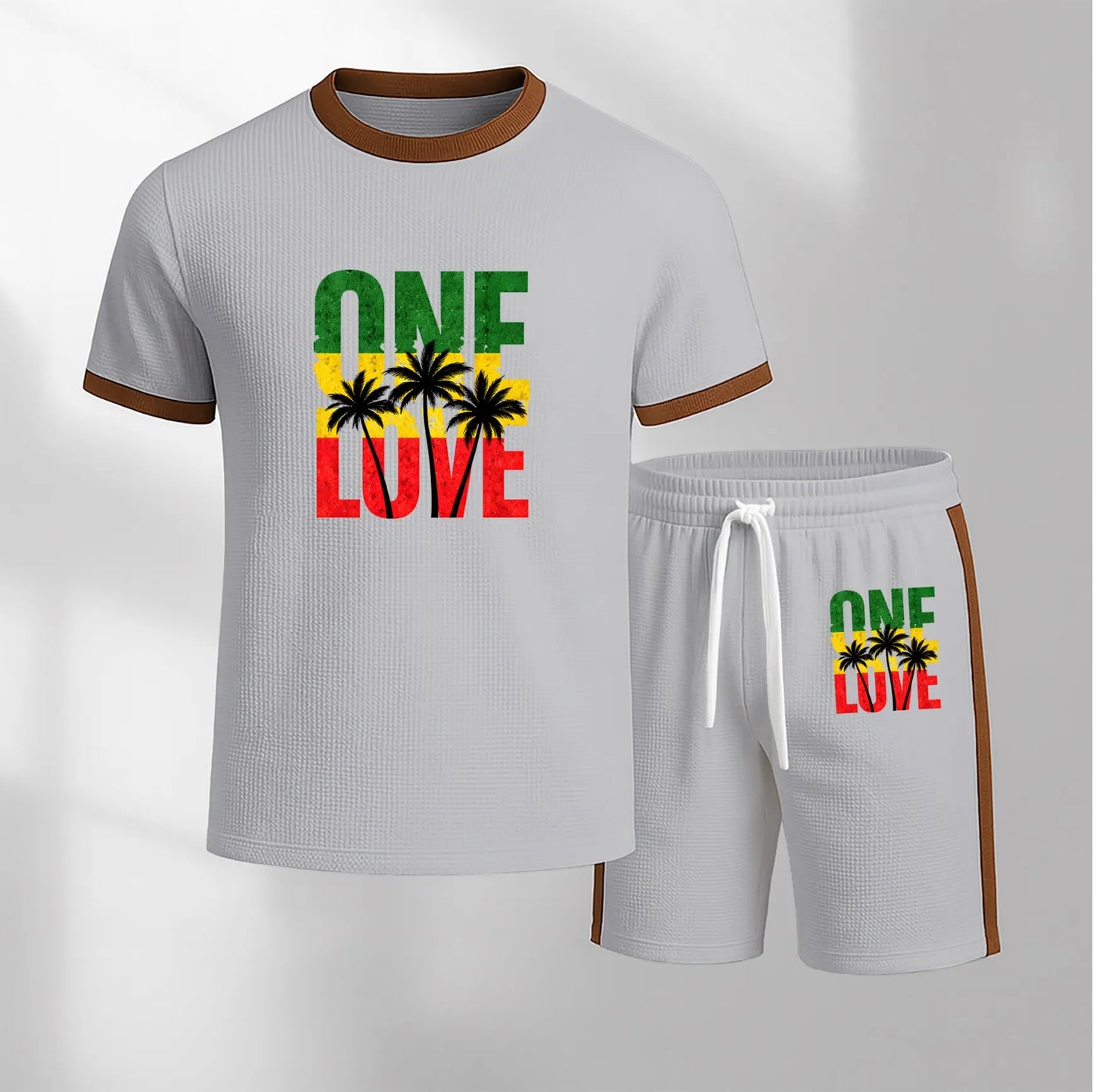 Men's Pattern Short-Sleeve T-Shirt and Drawstring Shorts Set, Men's Clothing, Casual Sporty Short-Sleeve Top and Shorts, Summer Men's Everyday Wear, Indoor and Outdoor Sportswear, Athletic Set