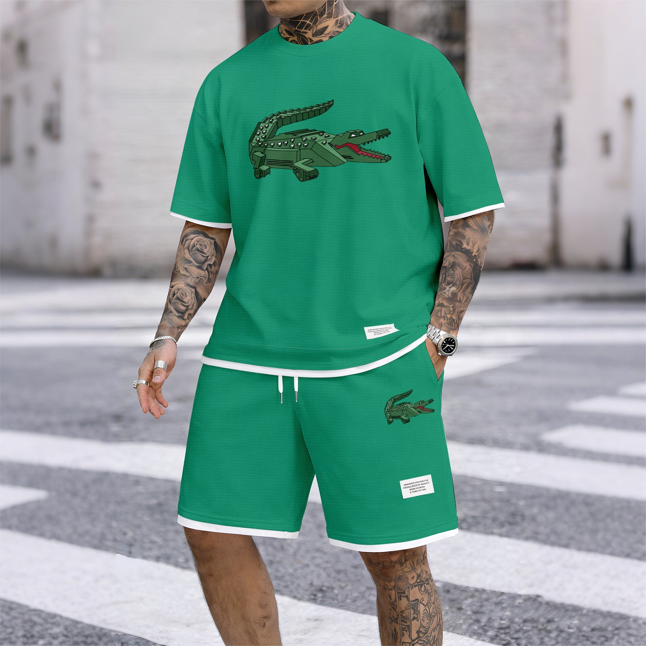 Men's Mechanical Crocodile Print Waffle Fabric Short-Sleeved Shirt And Shorts Set