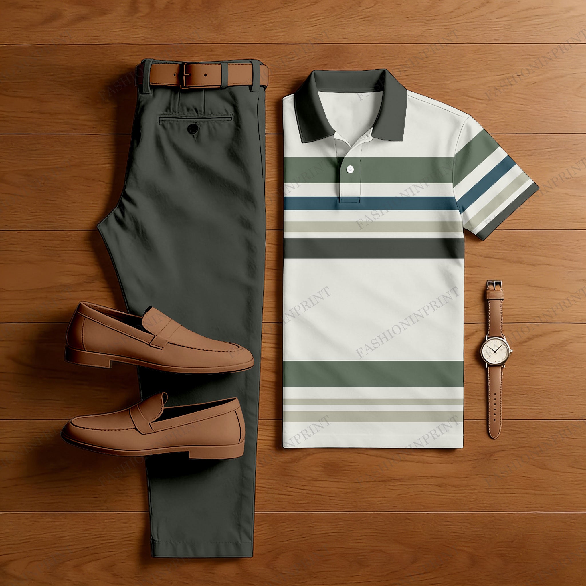 Men's Casual Army Green & Light Gray Color Matching Striped Printed Short Sleeved Polo Shirt & Trousers Two-Piece Set