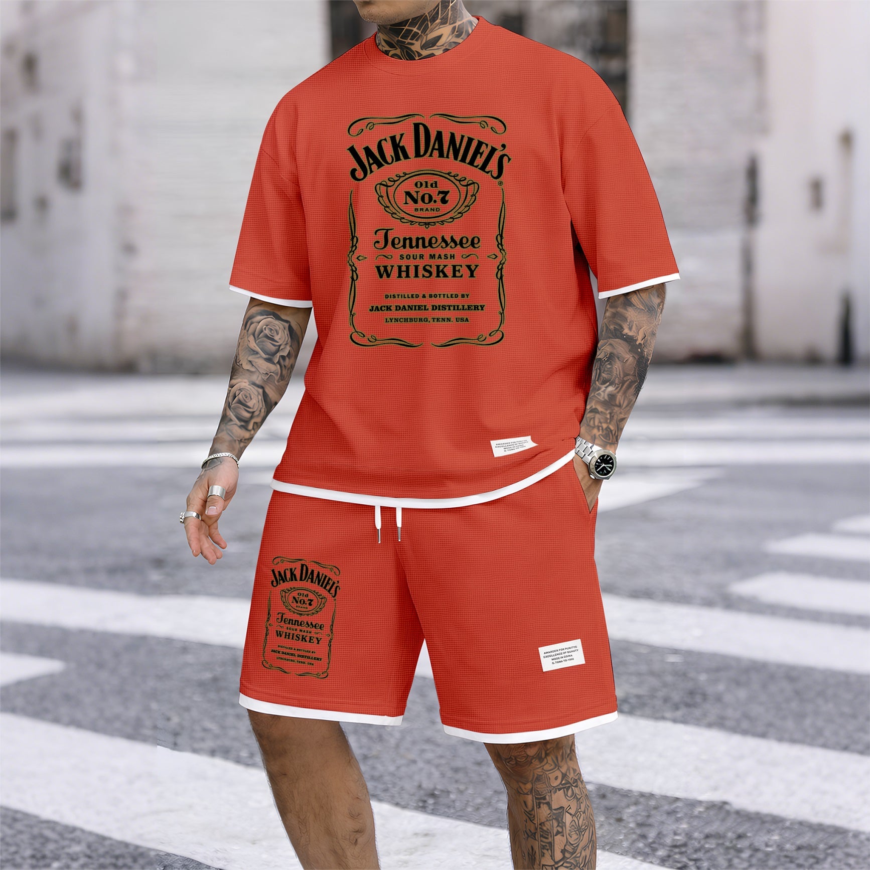 Men's Beer And Beverage Printed Drawstring Shorts Set, Suitable For Spring And Summer Wear, Casual Summer Set, Including Short-Sleeved Shirt And Shorts, Suitable For Everyday Wear And Sports 03