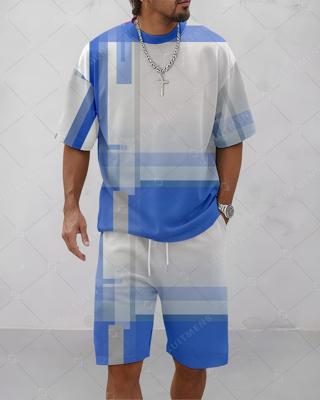 Men's Summer Colorblock Printed Round Neck Suit 069