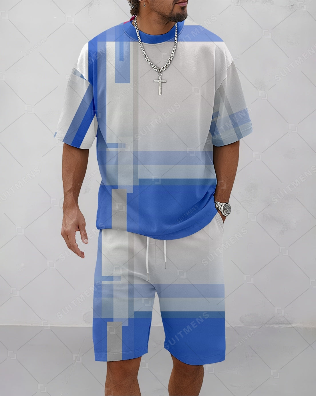 Men's Summer Colorblock Printed Round Neck Suit 069