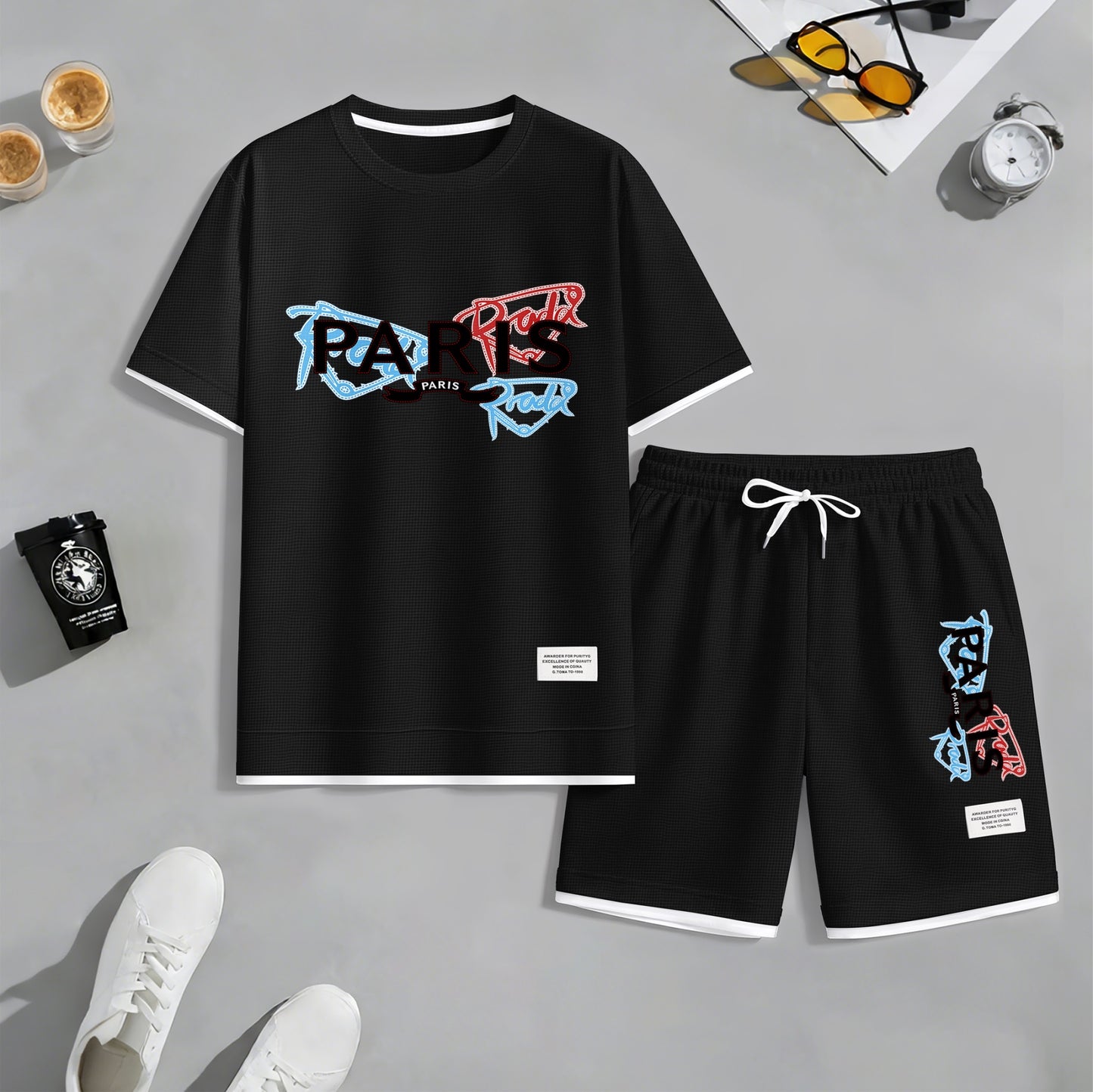 Men's PARIS Red & Blue Graffiti Letter Print Short Sleeve T-Shirt & Shorts Set, Summer Lightweight Waffle Sporty Casual Two-Piece Outfit, Streetwear for Gym & Daily Wear